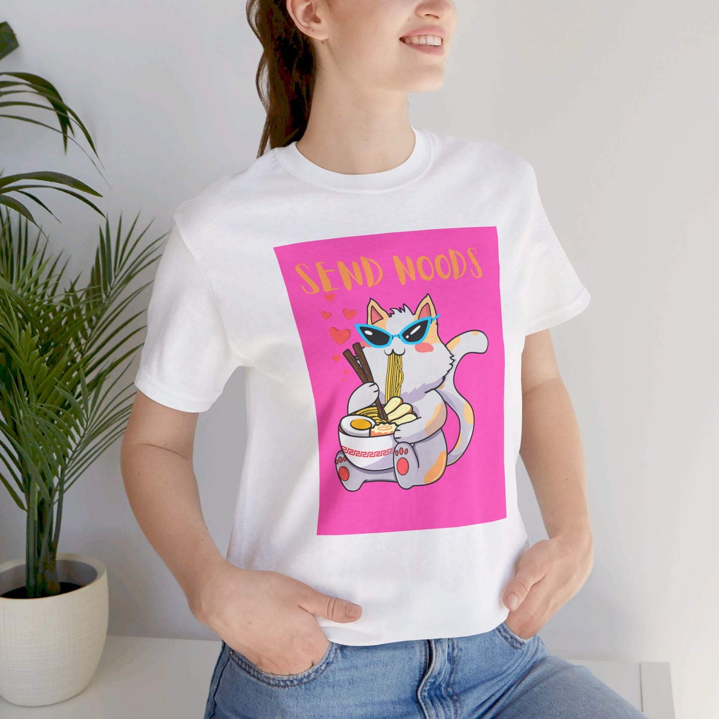 SEND NOODS Pink Background  Unisex Tri-Blend Crew Tee